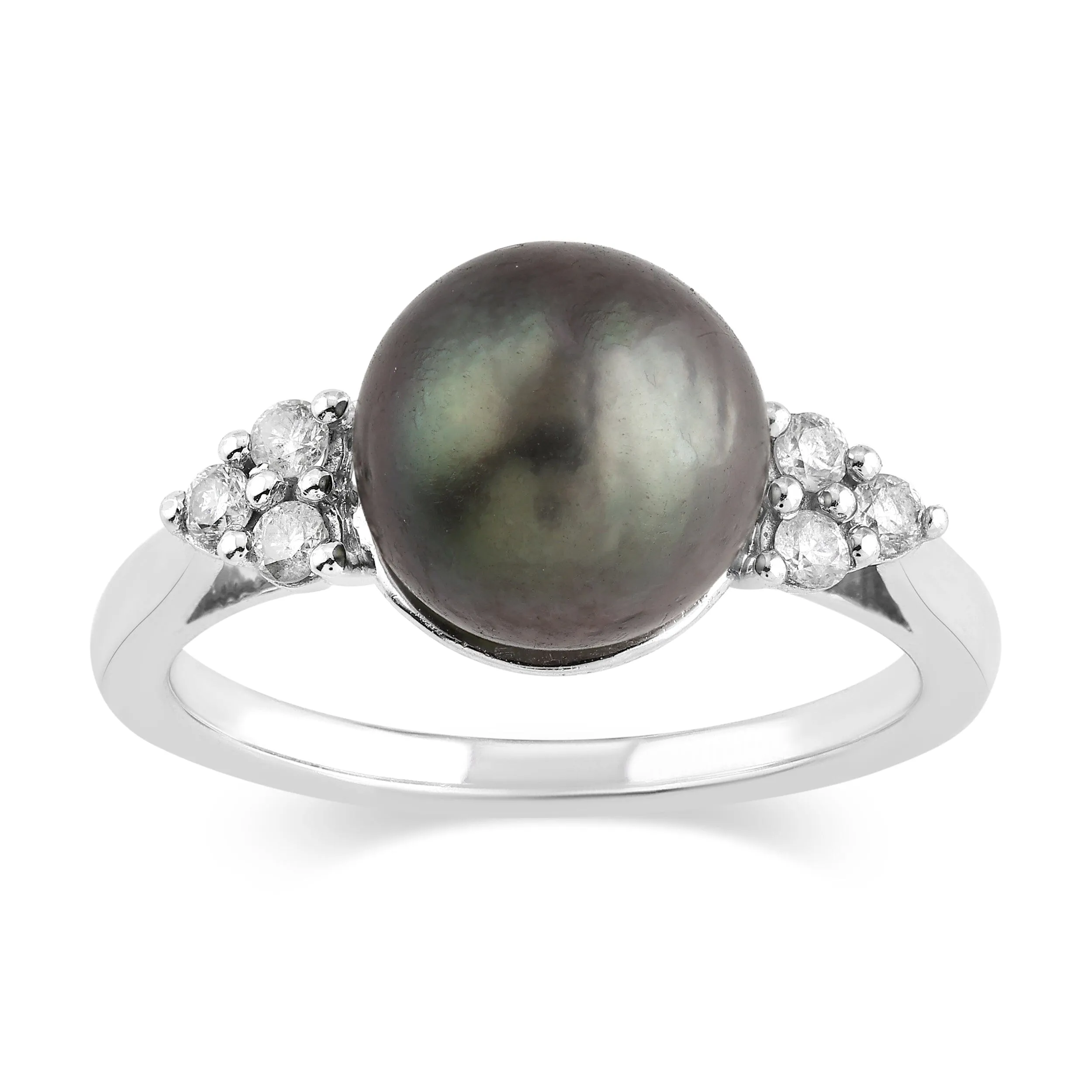 Tahitian Black Pearl Ring with 0.15ct of Diamonds in 9ct White Gold