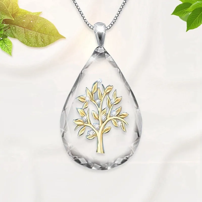 Transparent Crystal Waterdrop Shape, Life Tree Pendant Necklace for Women