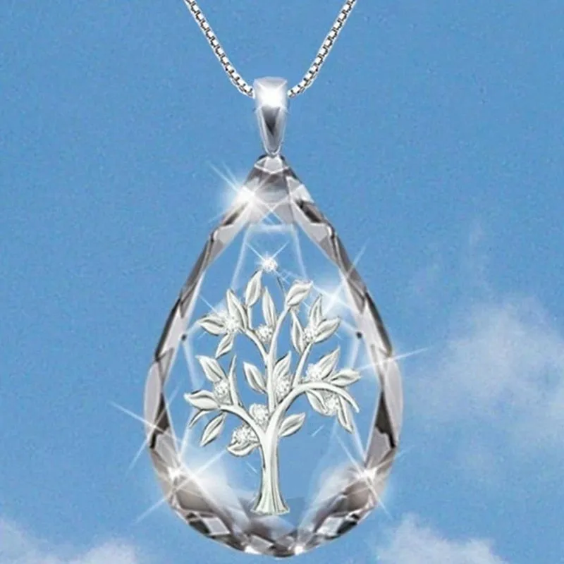 Transparent Crystal Waterdrop Shape, Life Tree Pendant Necklace for Women