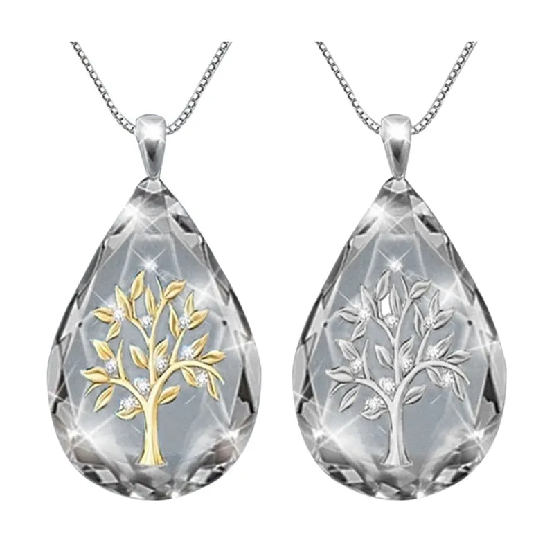 Transparent Crystal Waterdrop Shape, Life Tree Pendant Necklace for Women