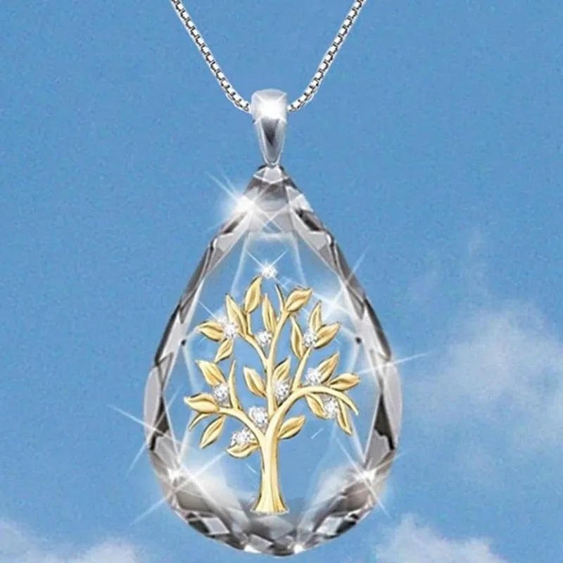 Transparent Crystal Waterdrop Shape, Life Tree Pendant Necklace for Women