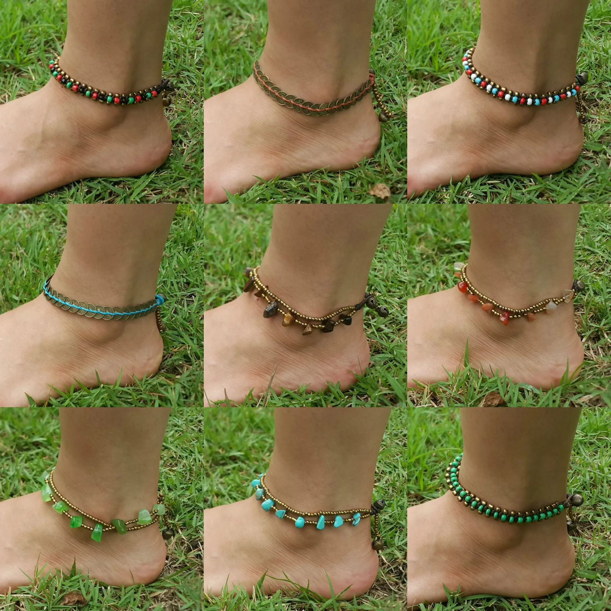 Triple Brass Beads Anklet with Green Beads