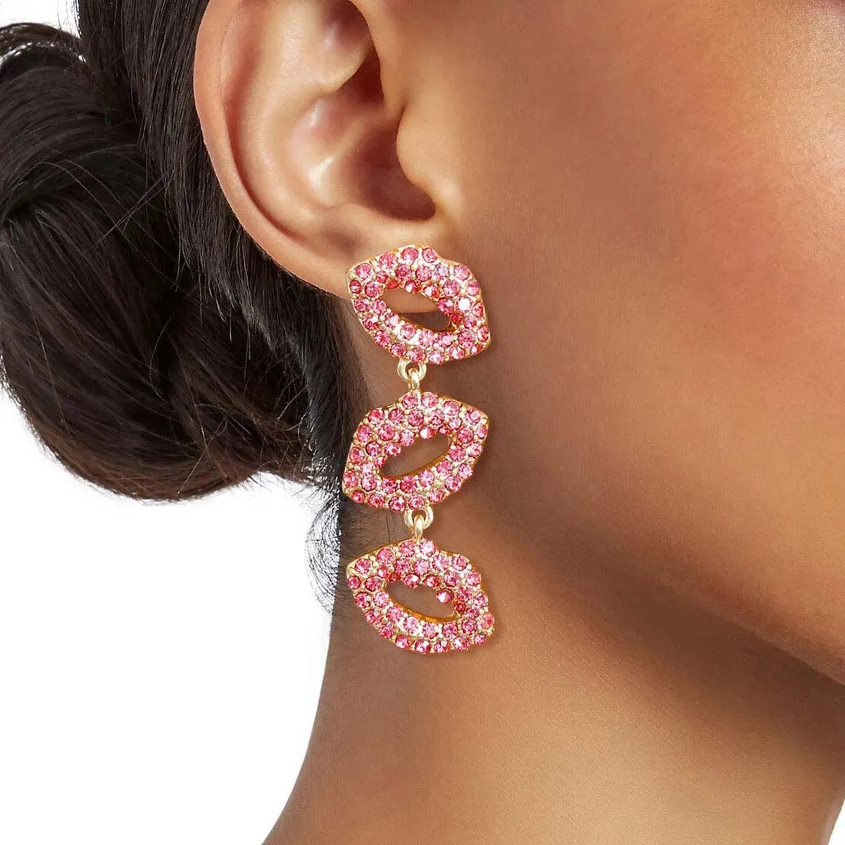 Triple Linked Pink Lips Drop Earrings - Bold and Beautiful Jewelry for Women