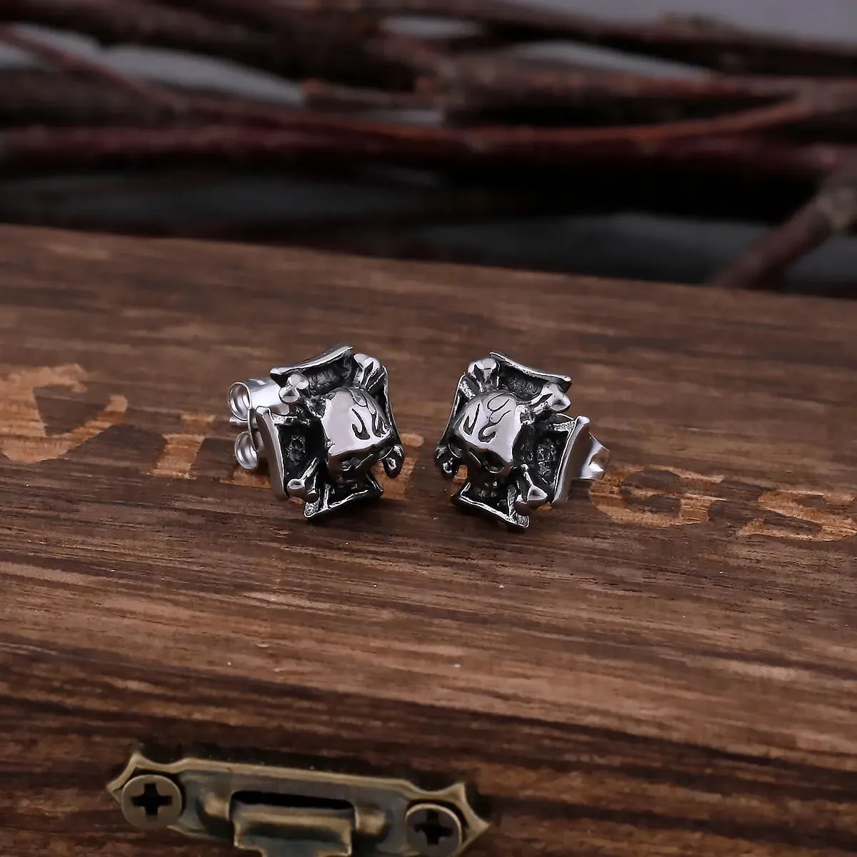 Vintage Cross Skull Stud Viking Earrings