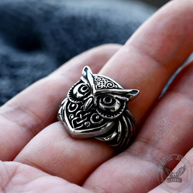 Wisdom Owl Stainless Steel Viking Ring