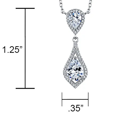 Women's Sterling Silver 925 Opera Charm Pendant Pear Cubic Zirconia Necklace 16-18"